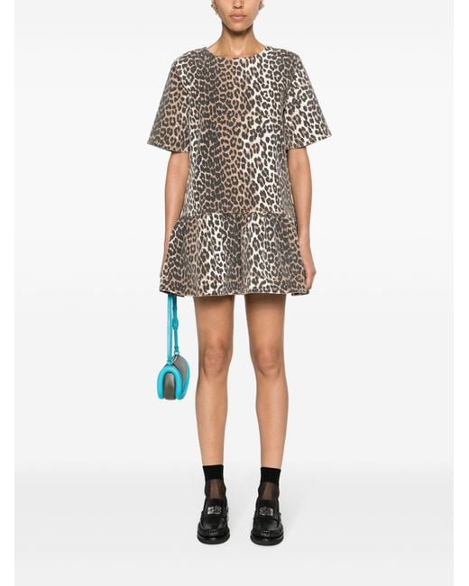 Ganni Black Leopard-print Peplum-hem Mini Dress