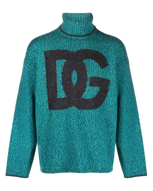 Dolce & Gabbana Intarsia-knit Logo Wool-blend Jumper in Green for Men | Lyst