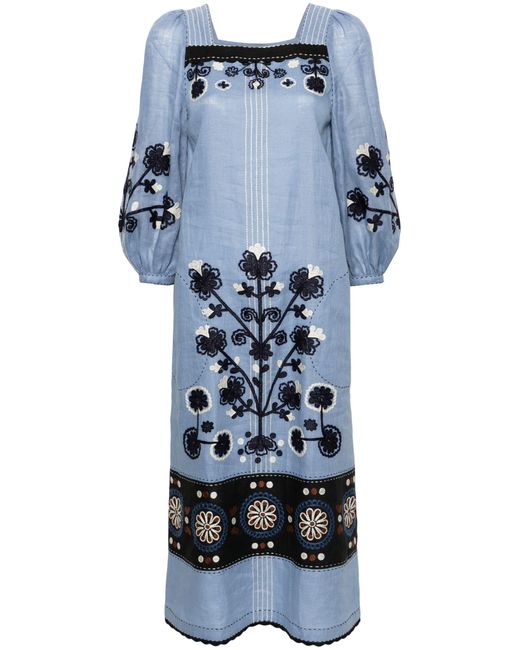 Vita Kin Blue Ulya Floral-embroidered Linen Dress - Women's - Linen/flax