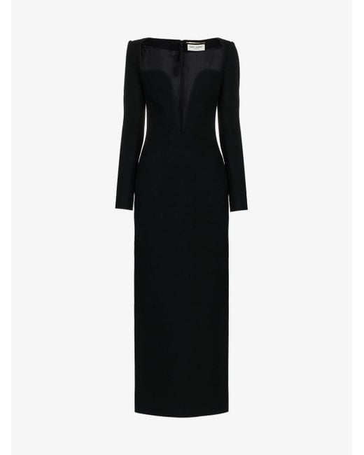 Saint Laurent Plunging Sweetheart Neck Wool Column Dress in