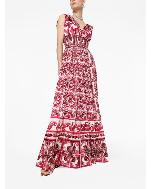Dolce & Gabbana Red Majolica Print Fla Maxi Dress - Women's - Cotton
