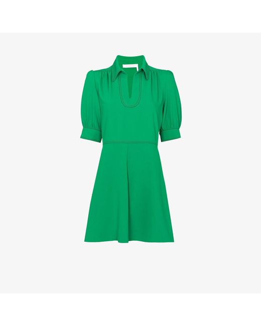 See By Chloé Green Polo Neck Short Sleeve Crêpe Mini Dress