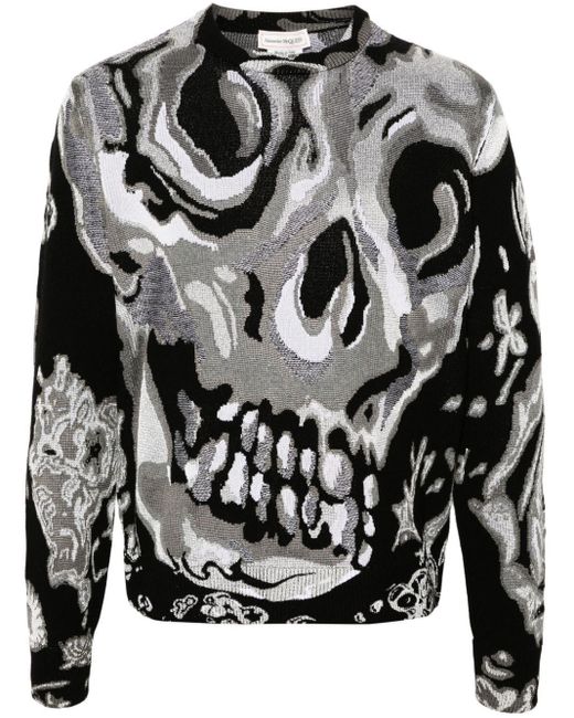 Alexander McQueen Gray Wax Flower Skull Sweater for men