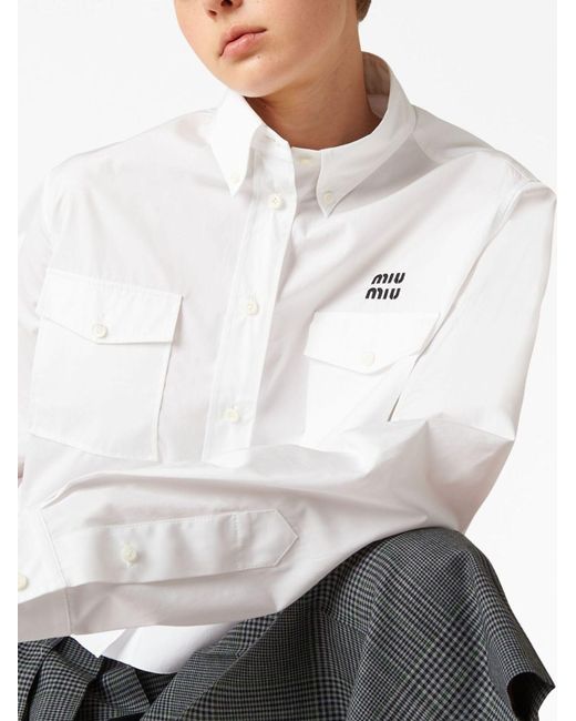 Miu Miu White Logo-embroidered Cropped Poplin Shirt