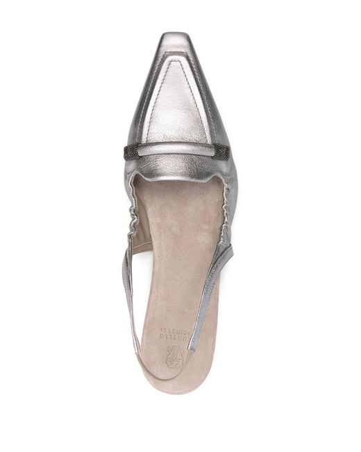 Brunello Cucinelli White Tone Monili-detail Slingback Ballerina Shoes