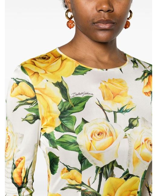 Dolce & Gabbana Yellow Rose-print Midi Dress - Women's - Viscose