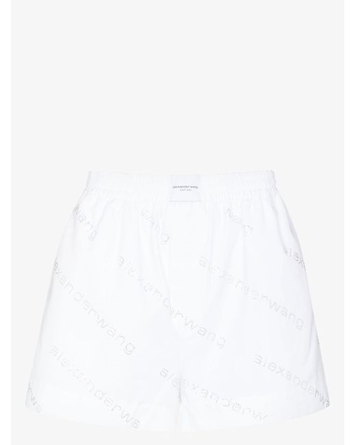 Alexander Wang White Crystal Logo Cotton Boxer Shorts - Women's - Cotton