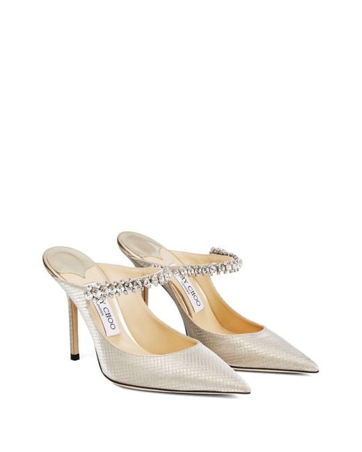 Jimmy Choo White Champagne Glitter Fabric 100 Bing Mules With Crystal Strap