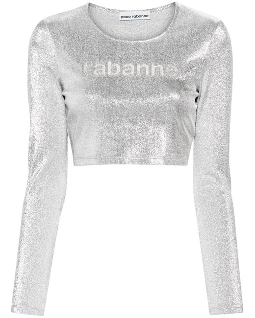 Rabanne Gray -tone Logo-embroidered Cropped T-shirt
