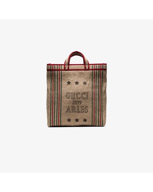 Gucci Brown Beige Juta Arles Print Straw Tote Bag for men