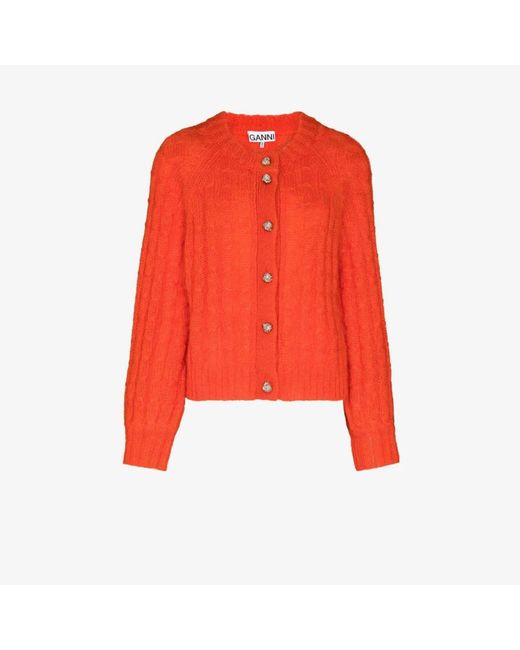 Ganni Wool Cable-knit Cardigan in Orange - Lyst