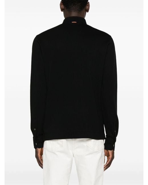 Zegna Black Long-Sleeve Piqué Polo Shirt for men