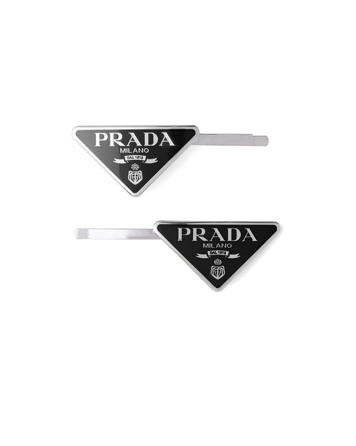Prada White Silver Tone Logo Triangle Hair Slides