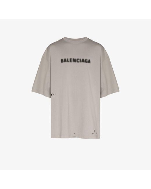 Balenciaga Gray Blurred Logo Distressed T-shirt for men