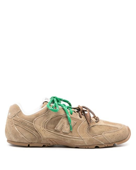 Miu Miu Brown Logo Patch Suede Sneakers in Green | Lyst