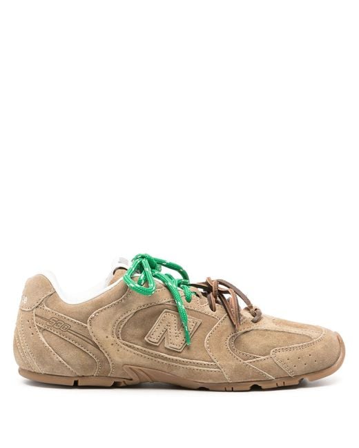 Miu Miu Green Brown Logo Patch Suede Sneakers