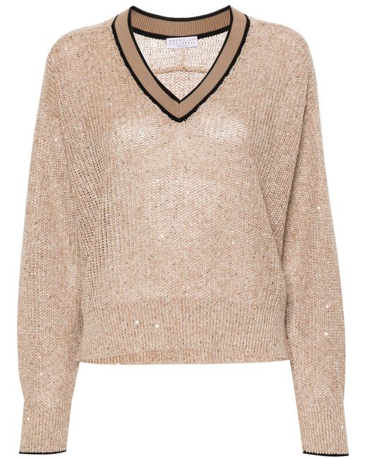 Brunello Cucinelli Natural Brown Sequin-embellished Cotton Sweater - Women's - Polyester/cotton/nylon/linen/flax