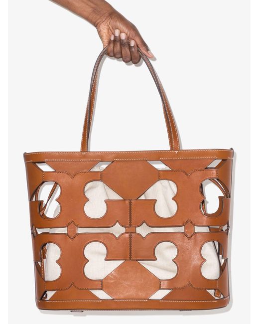 Tory Burch Brown Double T Cutout Logo Leather Tote Bag