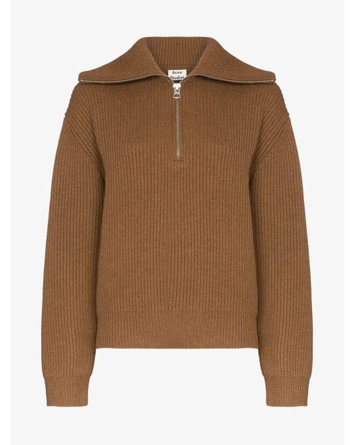 Acne Brown Ribbed Wool Half Zip Sweater