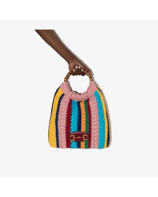Gucci Pink Multicoloured 1955 Horsebit Crochet Tote Bag