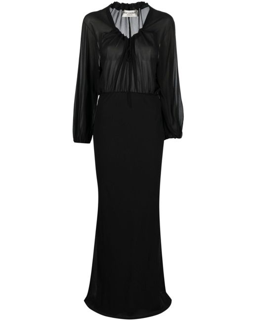 Saint Laurent Black Gathered Silk-chiffon And Silk Crepe De Chine Gown