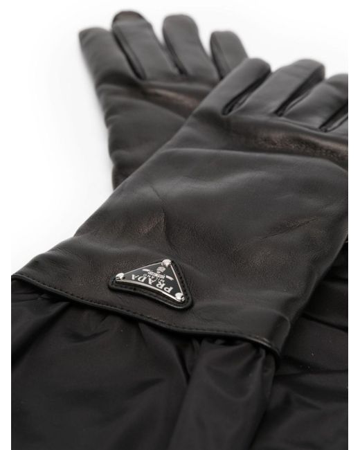 Prada Black Enamel-logo Leather Gloves