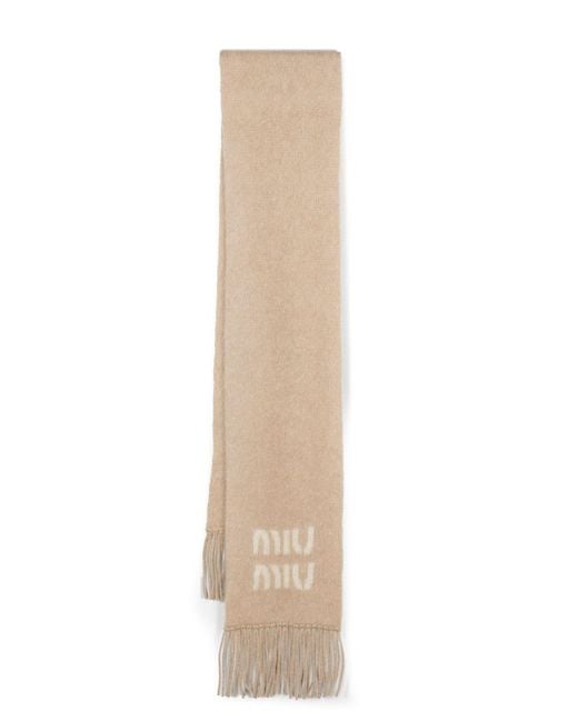 Miu Miu Natural Neutral Logo Jacquard Fringed Scarf - Women's - Polyamide/wool/mohair