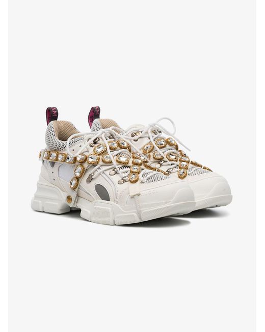 Gucci White Journey Crystal Embellished Leather Sneakers for men