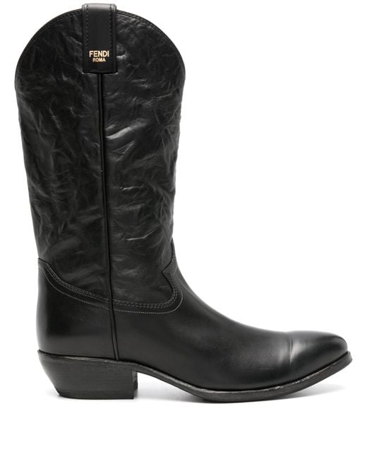 Fendi Black 40 Crinkled Leather Cowboy Boots - Men's - Calf Leather/rubber for men