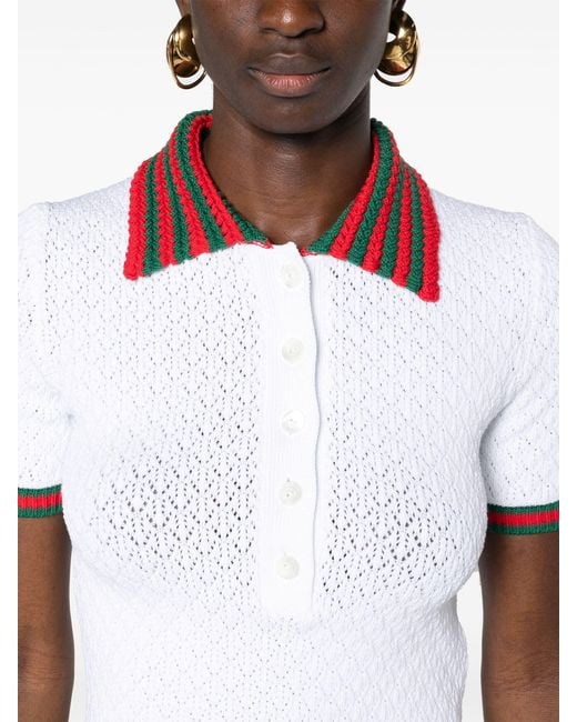 Gucci White Web-trim Crochet-knit Polo Top