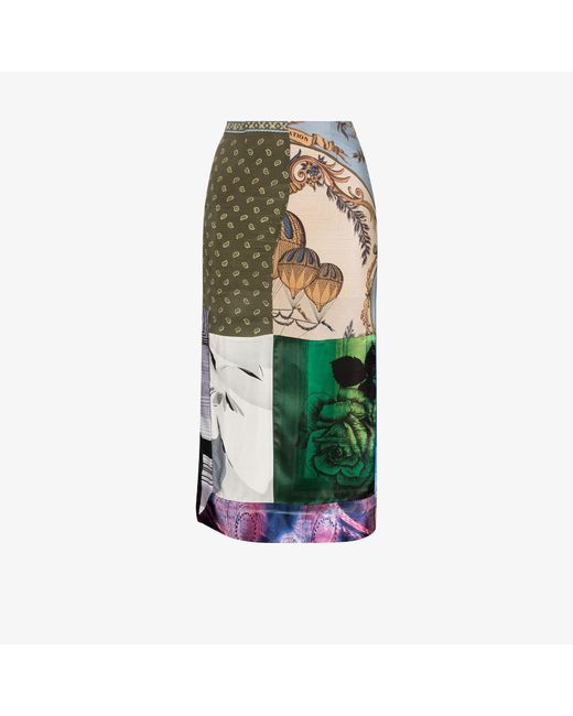 Conner Ives Green Reconstituted Silk Scarf Midi Skirt
