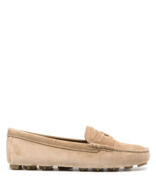 Miu Miu Natural Neutral Logo-embossed Suede Penny Loafers