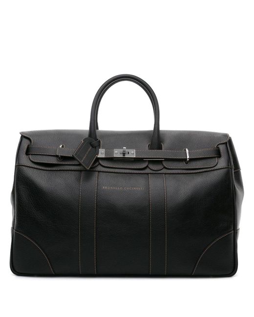 Brunello Cucinelli Black Logo Print Leather Travel Bag for men