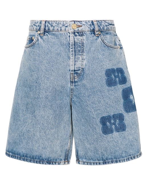 Ganni Blue Cotton Denim Shorts With Logo Applications