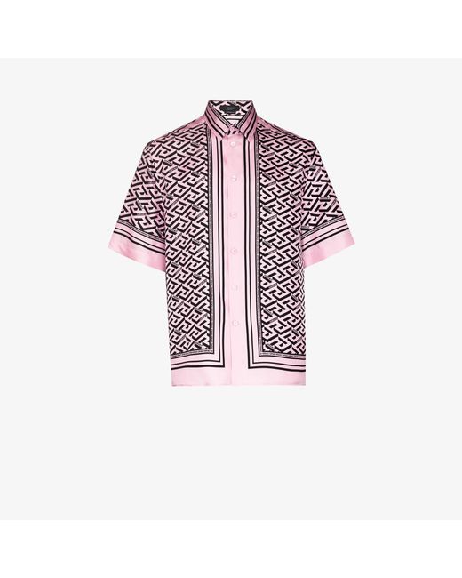 Versace Pink La Greca Print Silk Shirt for men