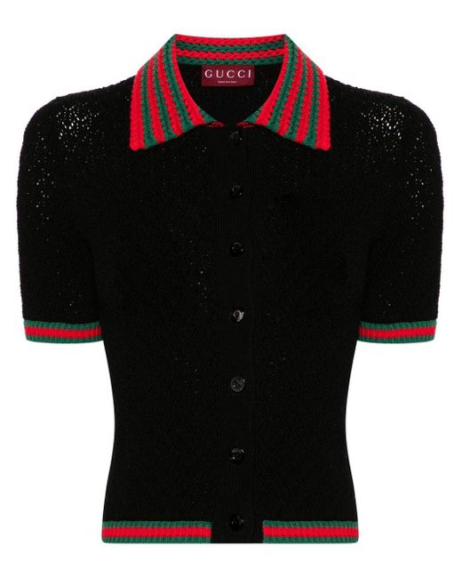Tシャツ・カットソー GUCCI FW25 Black crochet polo shirt (827353XKEYQ 1000) Gucci Web-stripe Crochet-knit Polo Shirt - Women's - Cotton