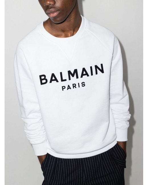 Balmain White Flocked Logo Sweatshirt for men