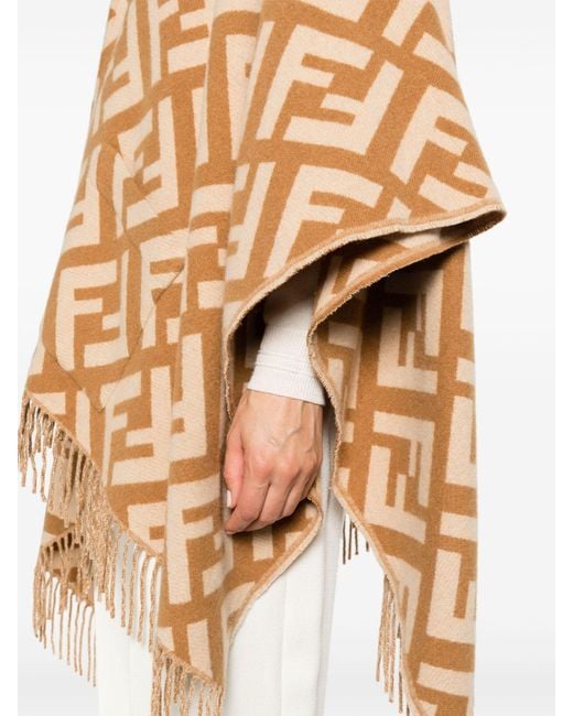 Fendi Brown Ff Logo Fringed Cashmere Poncho | Lyst UK