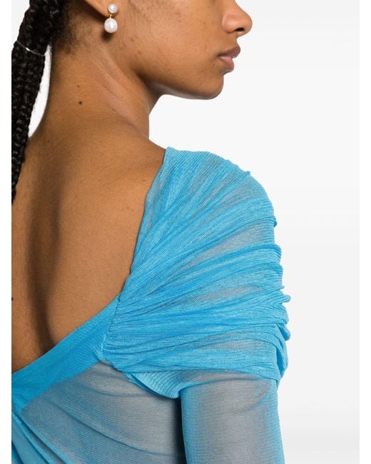 Christopher Esber Blue Veiled Off-shoulder Silk Top