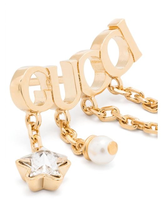 Gucci Metallic Logo-script Crystal And Pearl-embellished Gold-toned Metal Earrings