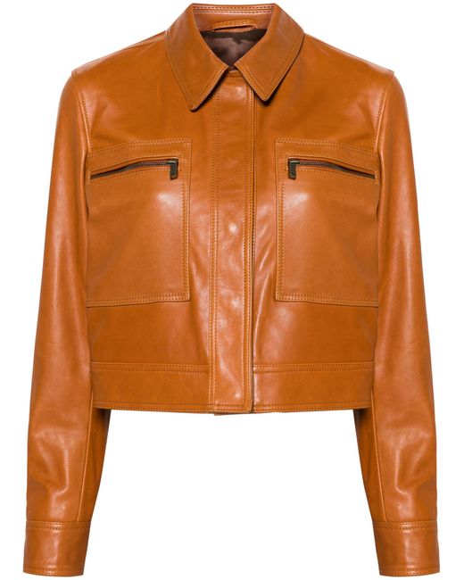 FRAME Orange Cropped Leather Jacket - Women's - Calf Leather/polyester/viscose
