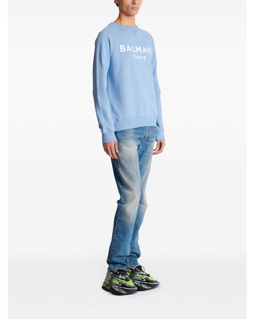 Balmain Blue Logo-print Organic Cotton Sweatshirt for men