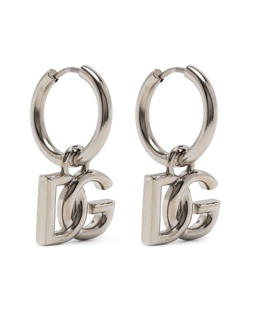 Dolce & Gabbana White Logo-plaque Hoop Earrings for men