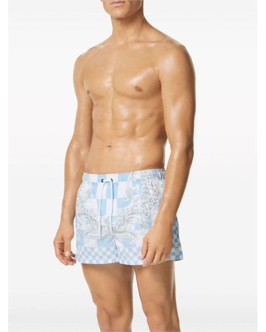 Versace Blue Baroque-print Checked Swim Shorts for men