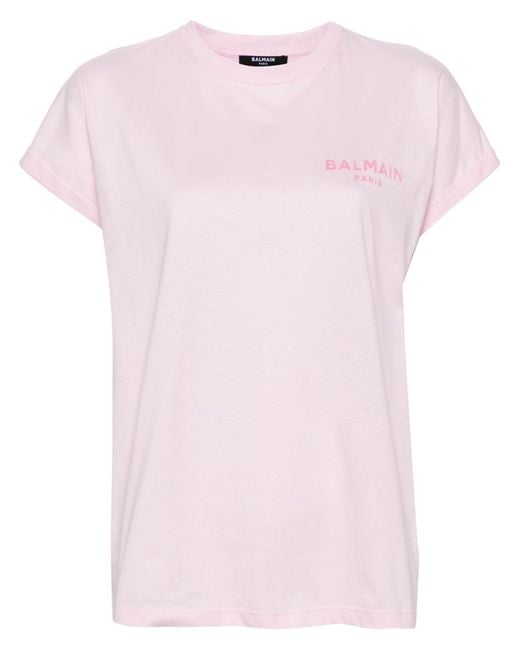 Balmain Pink Flocked Logo Cotton T-shirt