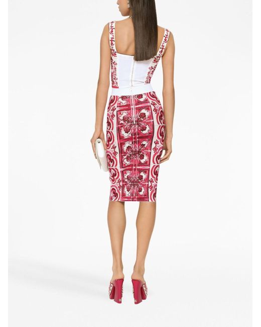 Dolce & Gabbana Red Majolica-Print Marquisette Pencil Skirt