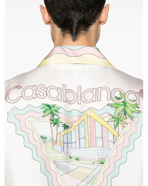 Casablancabrand White Scallop-printed Edges Silk Short-sleeved Shirt for men