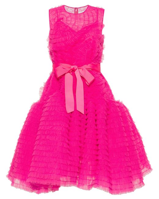 Huishan Zhang Pink Ruffled Tulle Midi Dress