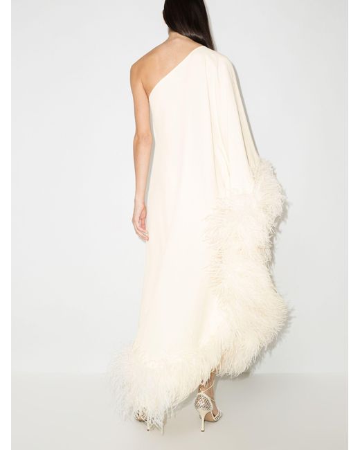 ‎Taller Marmo Natural + Net Sustain Ubud One-shoulder Feather-trimmed Crepe Maxi Dress