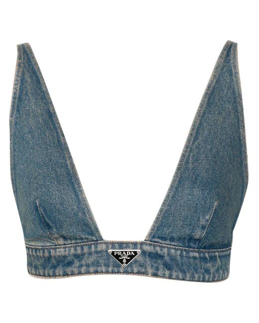 Prada Blue Triangle-Logo Denim Crop Top